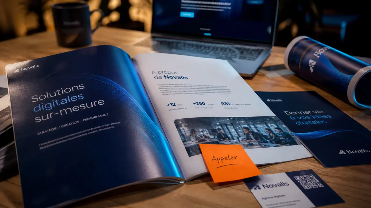 Communication print : brochure et carte de visite sur bureau
