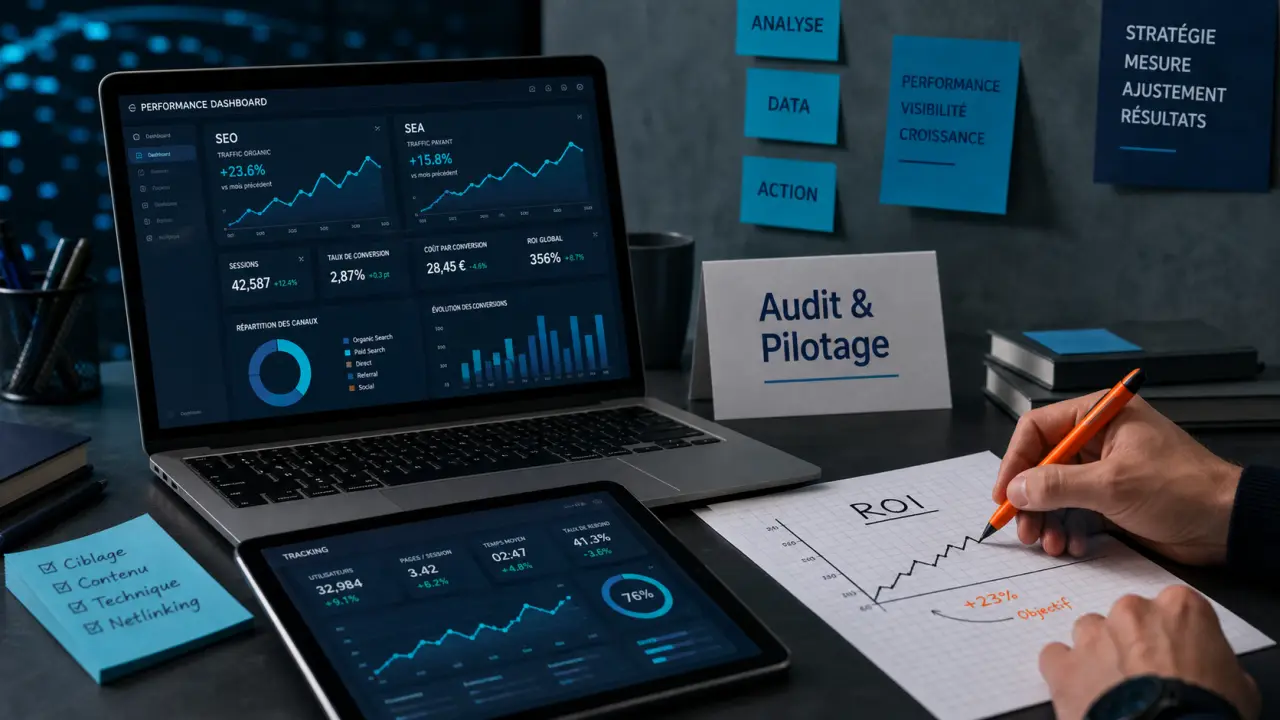 Consultant marketing digital audit & pilotage de croissance, tableau ROI et performances SEO/SEA