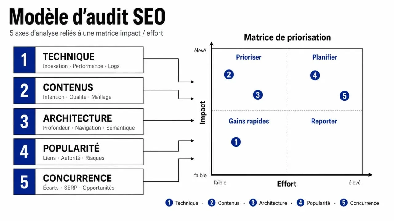 Modèle audit SEO illustré avec les 5 blocs et la matrice impact/effort