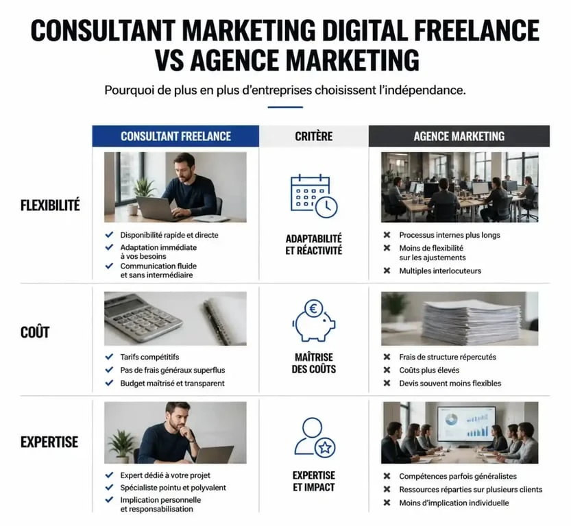 Comparatif consultant marketing digital freelance versus agence marketing pour choisir le meilleur prestataire