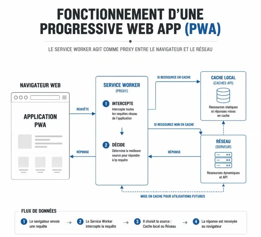 Schéma technique du fonctionnement d'une Progressive Web App et du rôle du Service Worker pour le développement PWA à Rennes.