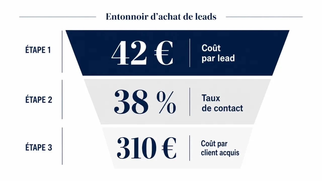 Achat leads : visuel éditorial sur le CPL, le taux de contact et le coût par client acquis