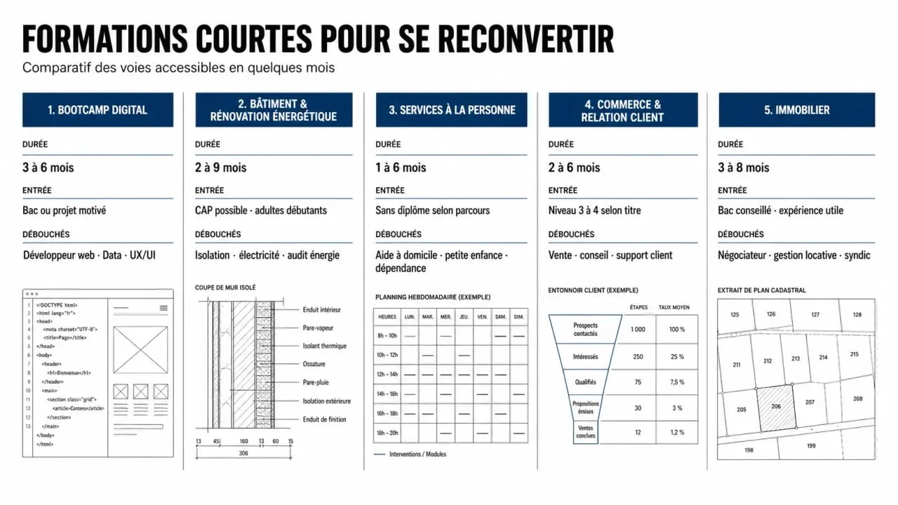 Formation courte reconversion : comparaison visuelle des durées, niveaux d’entrée et débouchés par secteur