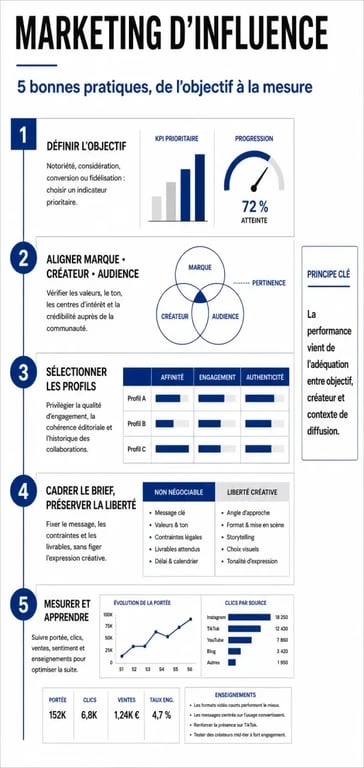 Meilleures pratiques marketing influence illustrées par une infographie sur le choix des influenceurs, le brief, la co-création et la mesure des résultats.