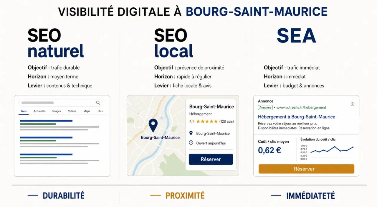 Comparatif SEO naturel, SEO local et SEA pour une agence seo bourg saint maurice