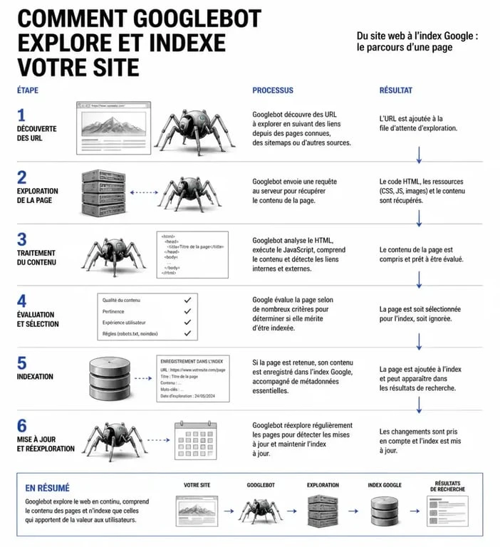 Schéma illustrant le processus d'exploration et d'indexation par Googlebot