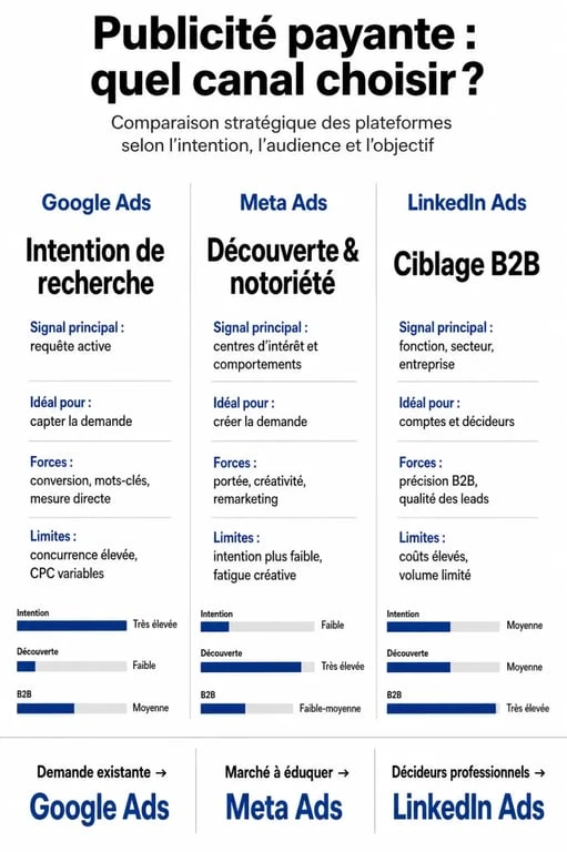Infographie comparative des canaux de publicité payante : Google Ads, Meta Ads et LinkedIn Ads