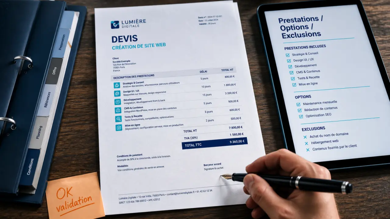 Exemple devis site web avec checklist prestations options exclusions