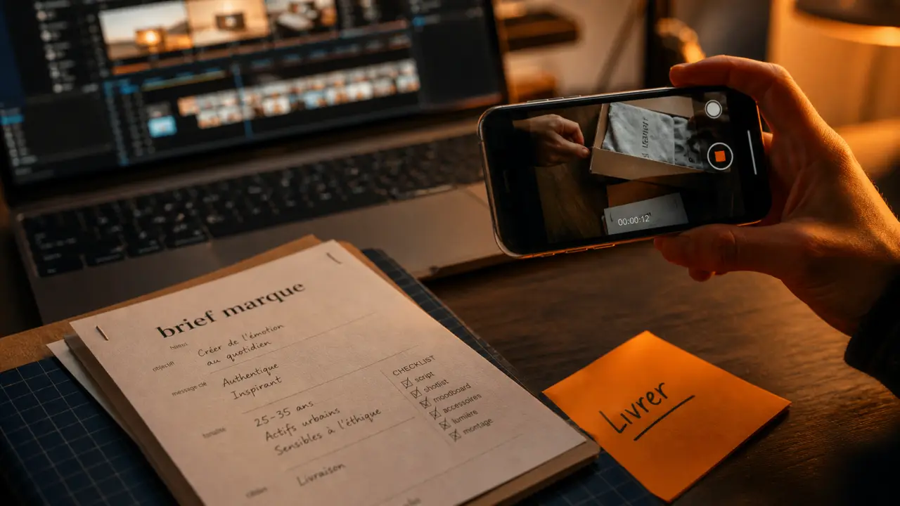 formation ugc : brief marque et smartphone filmant un déballage produit
