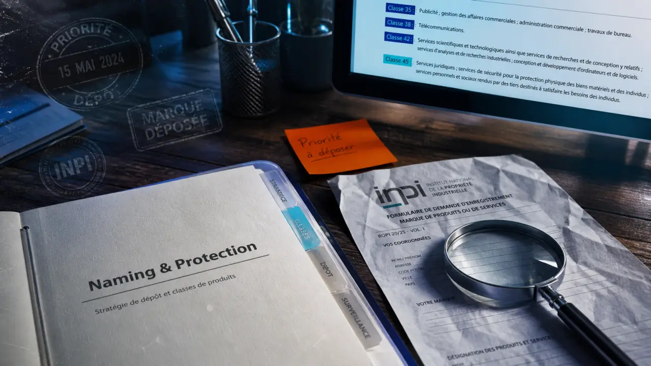 Naming et protection de marque : dossier INPI et loupe sur bureau