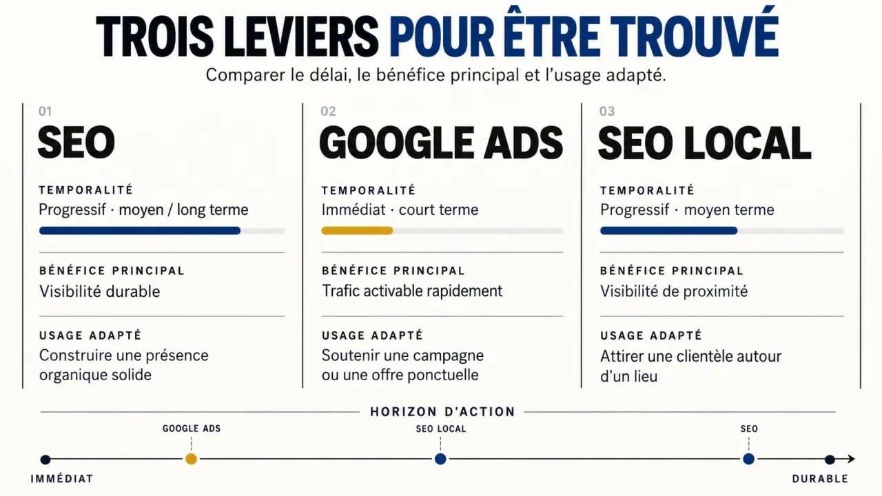 Référencement naturel Caen : comparaison visuelle entre SEO, Google Ads et SEO local