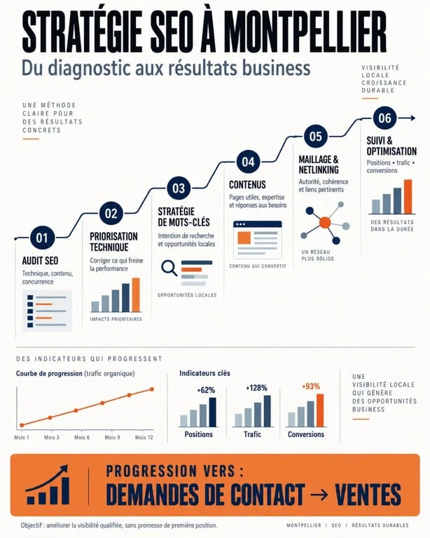 Infographie du référencement naturel à Montpellier, de l'audit SEO au suivi des conversions
