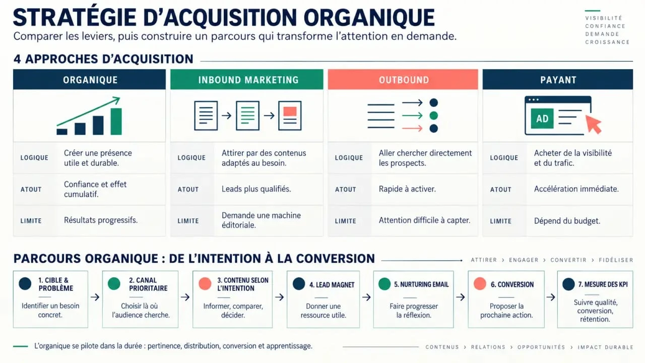 Infographie de stratégie acquisition organique startup comparant les canaux et le tunnel de conversion