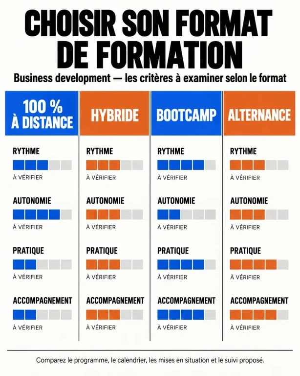 Formats d'une formation e learning business developper Lyon : distance, hybride, bootcamp et alternance