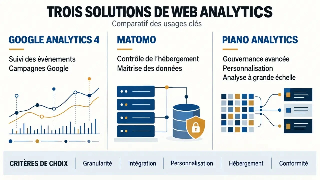 Infographie de formation web analytics comparant Google Analytics 4, Matomo et Piano Analytics