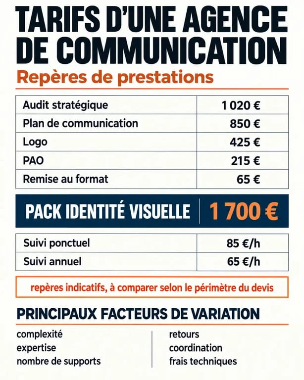 Infographie sur le tarif agence communication et les principaux repères de prix