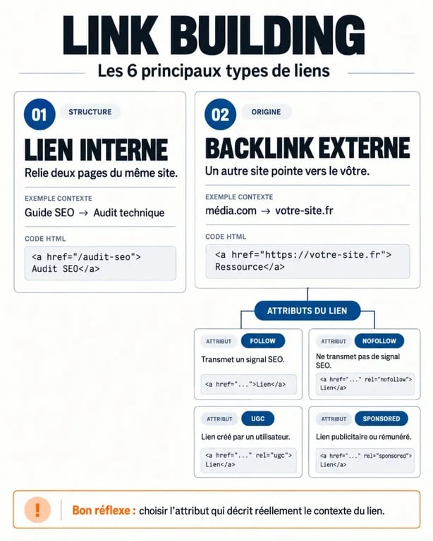Infographie sur les types de liens et attributs du link building