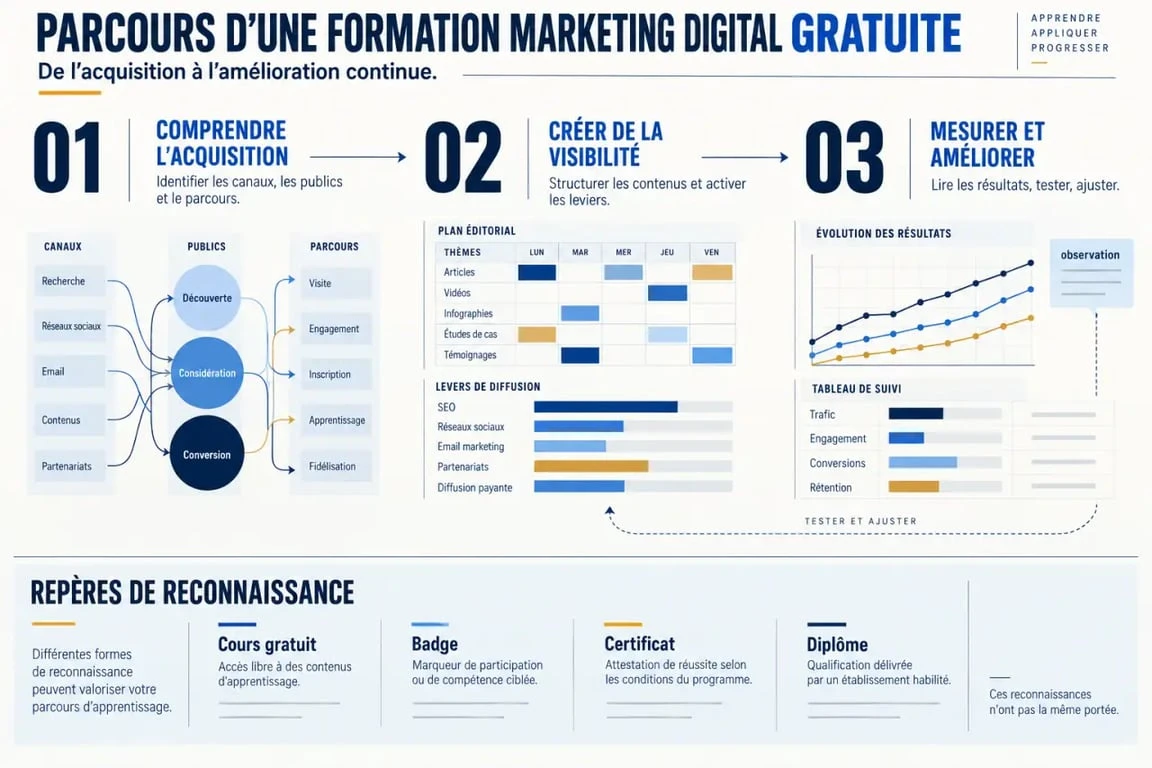 Formation marketing digital gratuite : parcours d’apprentissage de l’acquisition à la mesure