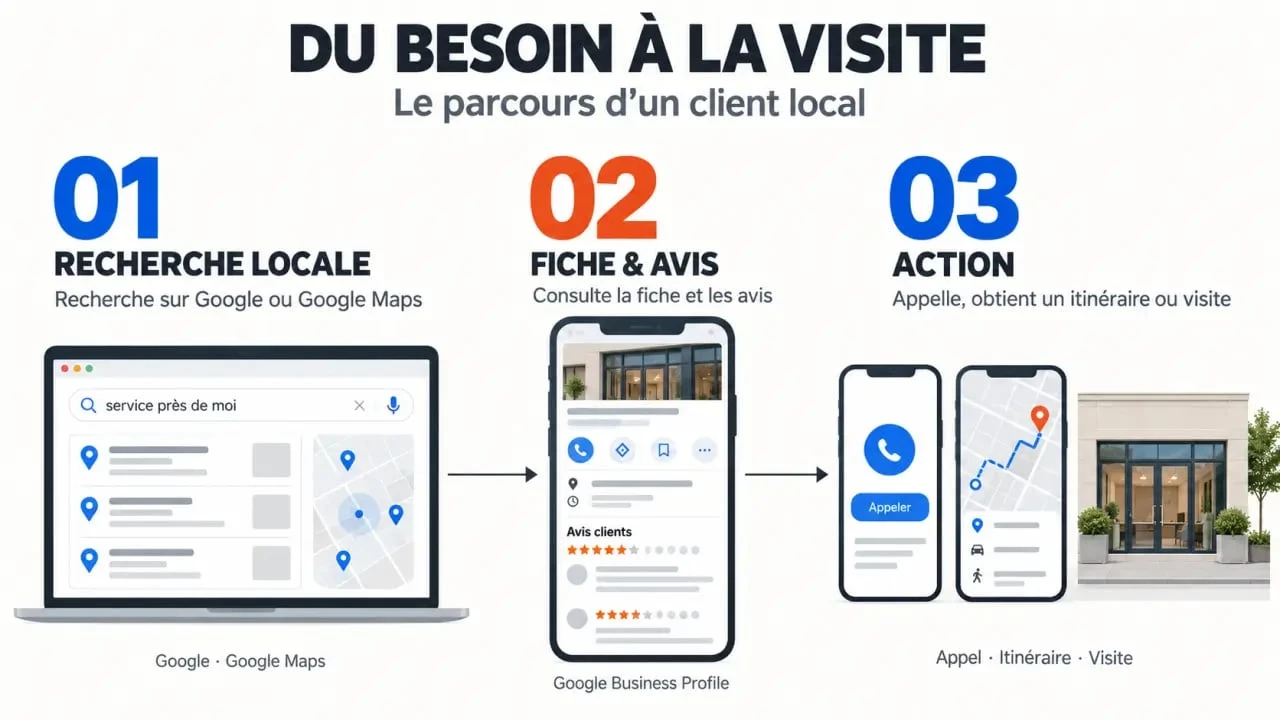 Infographie sur le parcours client et la visibilité locale, de la recherche Google à la prise de contact