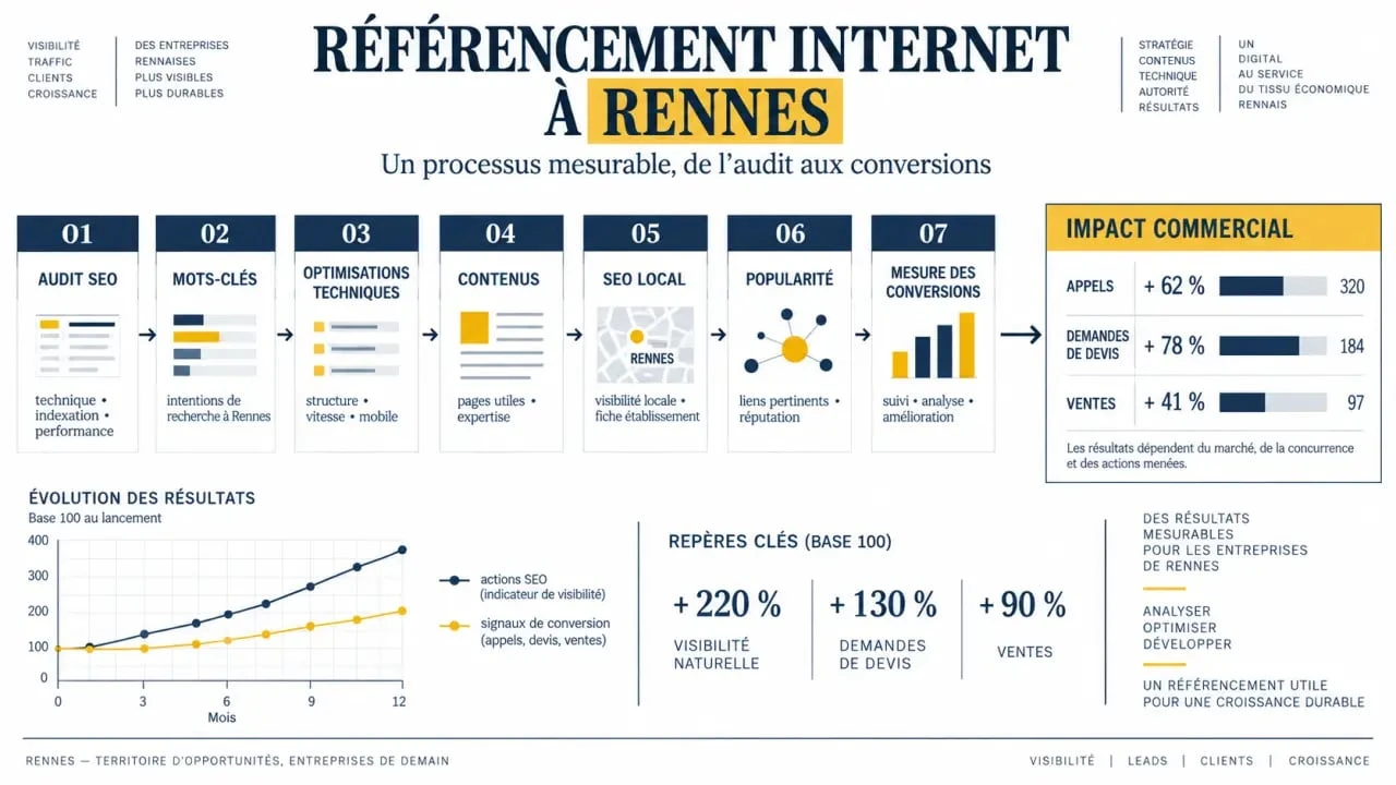 Schéma du référencement internet Rennes, de l’audit SEO au suivi des conversions