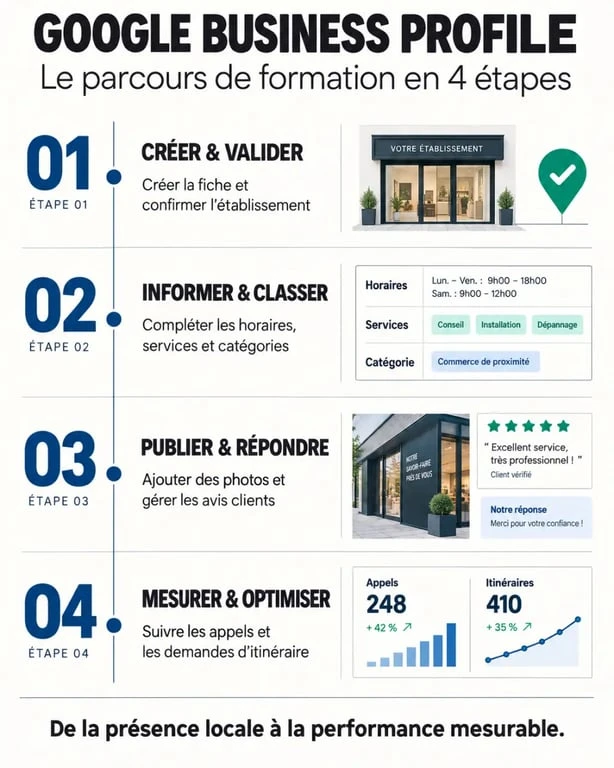 Infographie du programme d’une formation Google My Business et Google Business Profile