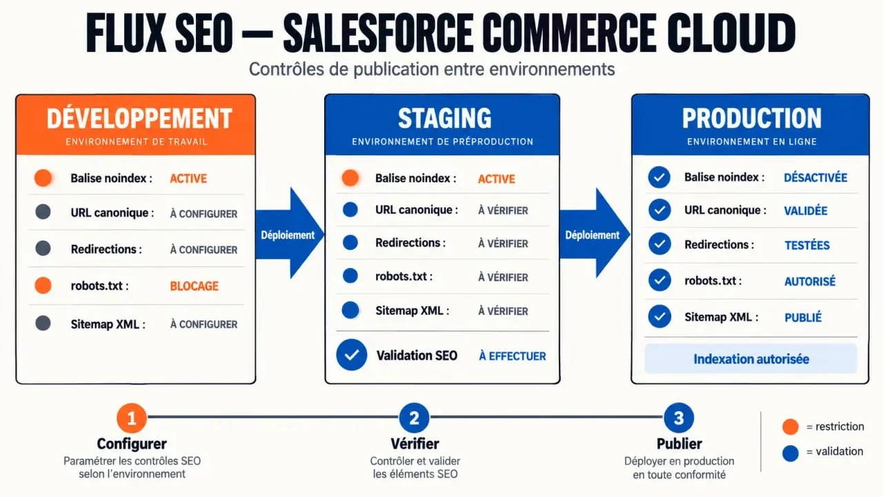 Agence SEO Salesforce : schéma du flux Development Staging Production pour sécuriser les déploiements