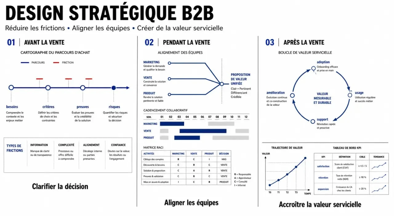 Design stratégique B2B : illustration du parcours avant, pendant et après la vente
