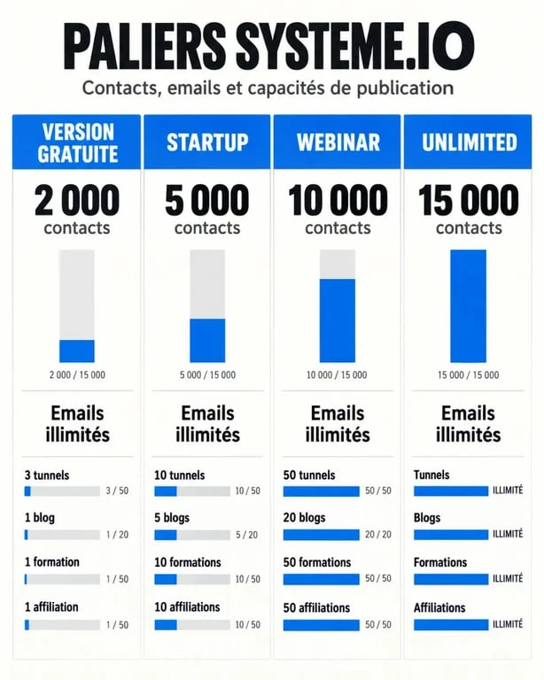 Systeme.io : visualisation des offres gratuites et payantes avec leurs plafonds