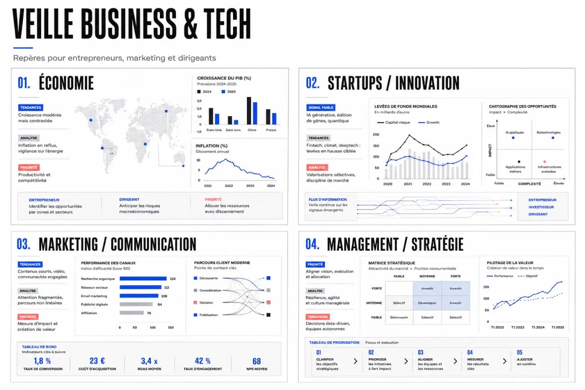 Les meilleurs médias business et tech à suivre pour les entrepreneurs et responsables marketing, synthèse visuelle par thématique et par profil