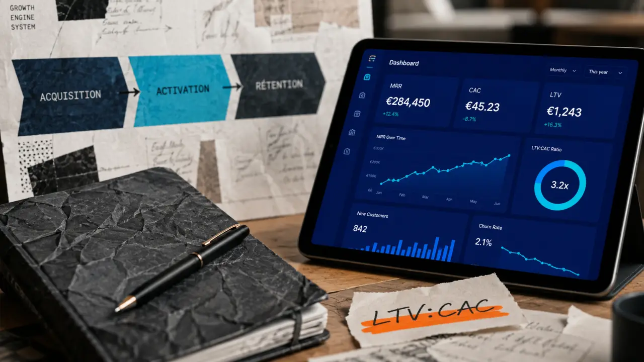 SaaS digital marketing : dashboard MRR CAC LTV pour acquisition, activation, rétention et expansion
