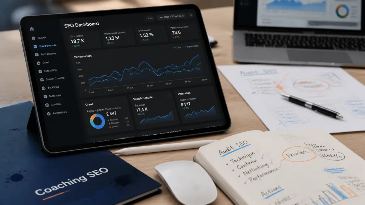 Seo coach : coaching SEO et tableau de bord SEO sur écran