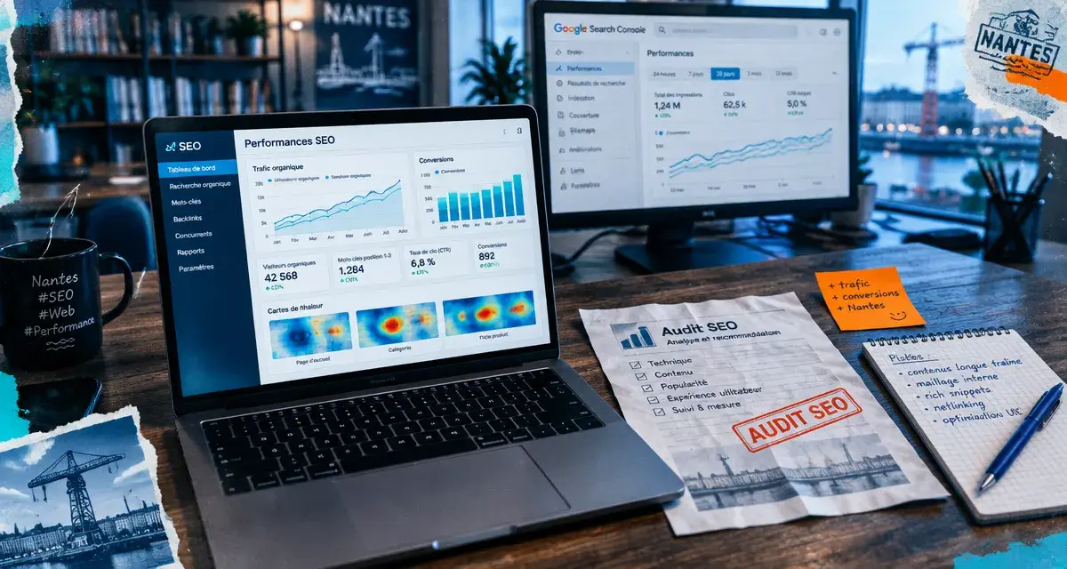 Agence référencement naturel Nantes : audit SEO en bureau avec tableau de bord
