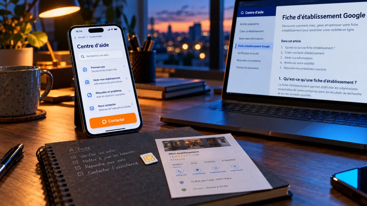 Contacter Google My Business par téléphone : écran aide et bouton Contacter