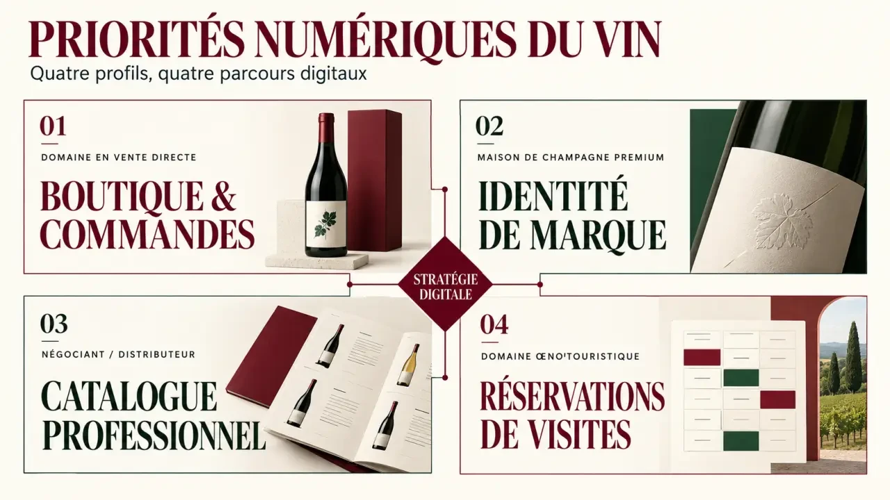 Infographie sur les priorités d'une agence digitale vins selon le profil du domaine ou de la maison